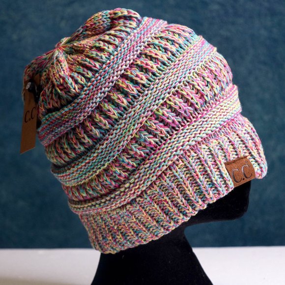 NWT C.C| Aqua & Pink Marled Beanie - Picture 4 of 4